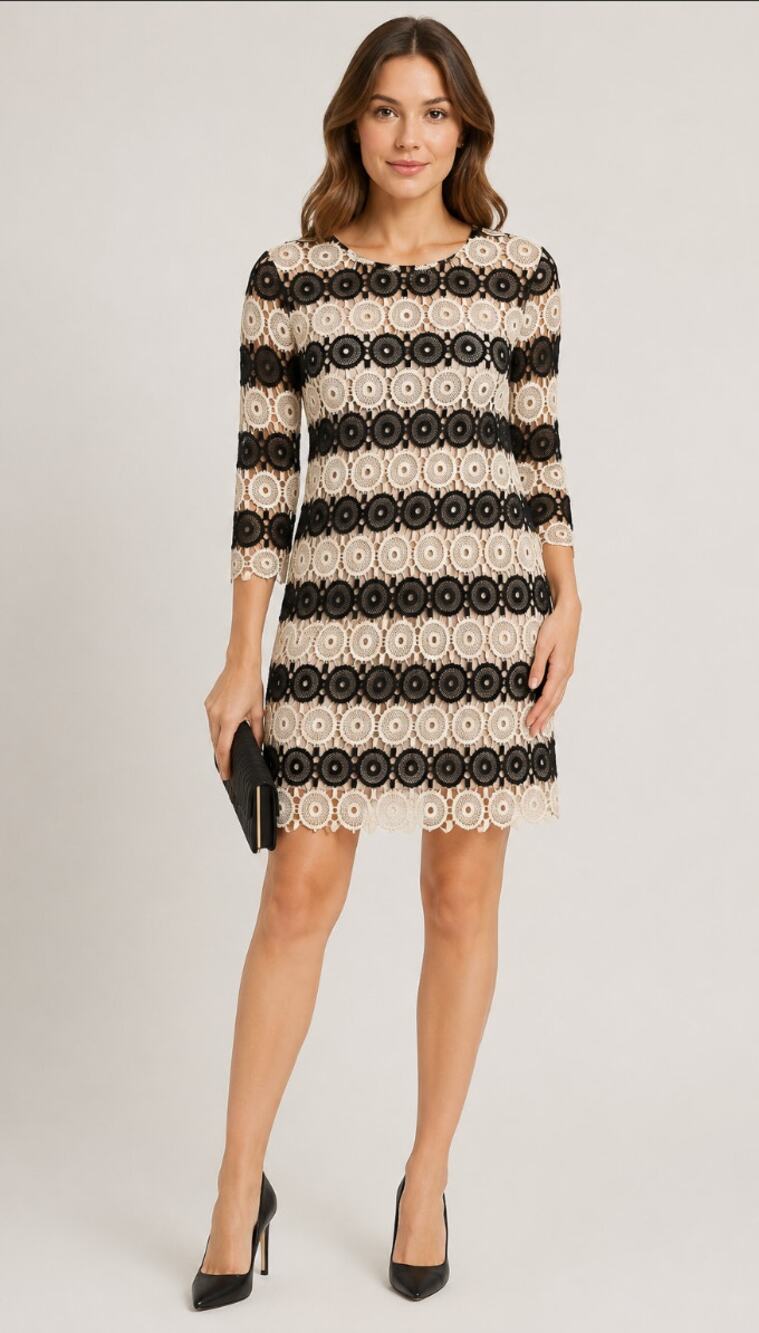L.K.Bennett Claudine Black Cream Lace Striped Formal Dress 2 Event Corporate